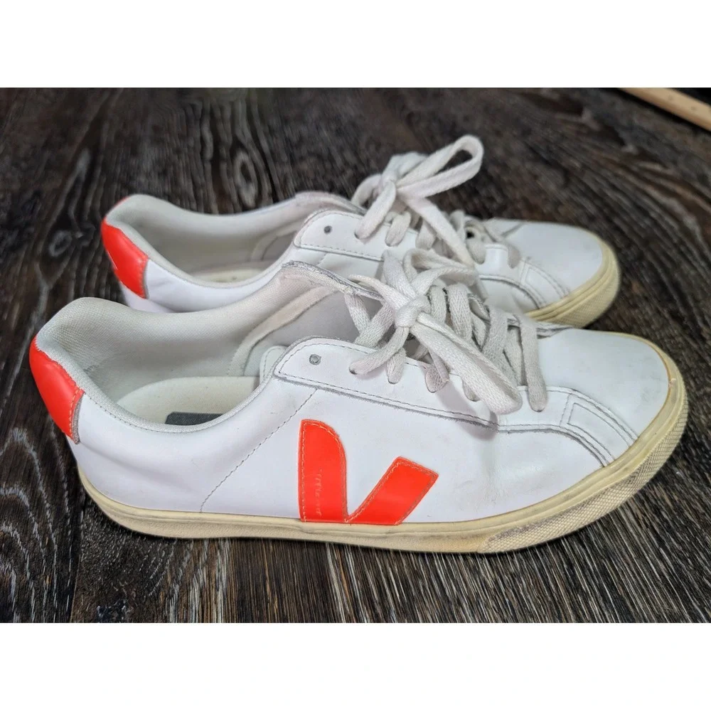 Veja Esplar White Orange Leather Low Top Sneakers Womens Size 7 EU 38